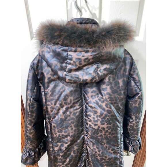 Marcona Vintage Womens Leopard Print Puffer Coat With Faux Fur Trim Hood Size M - Picture 8 of 12